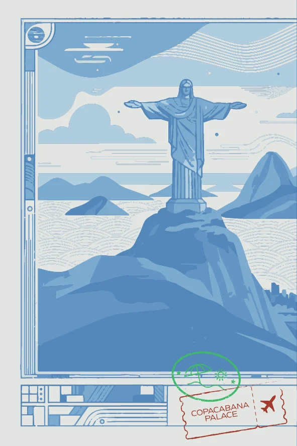 Ilustração do Cristo Redentor com bilhete Copacabana Palace